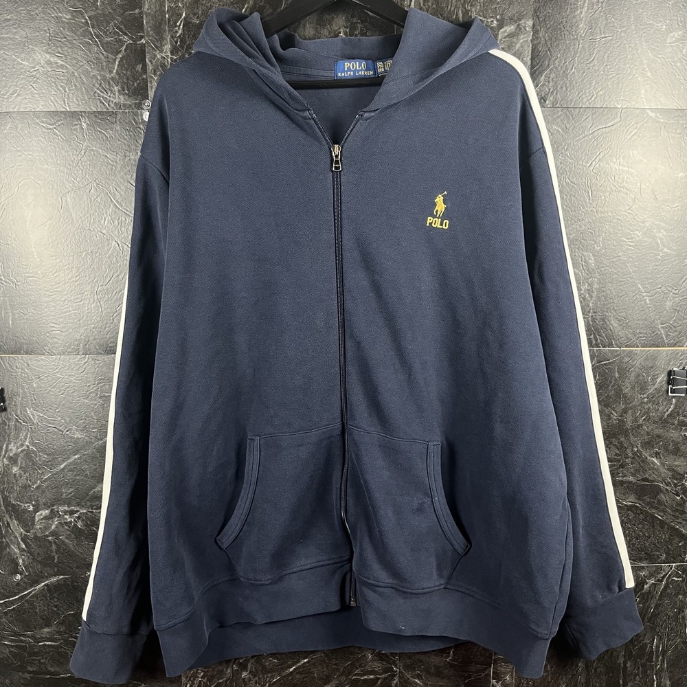Polo Ralph Lauren Men's Blue Striped Knit Zip Hoodie 2XL -Flaws